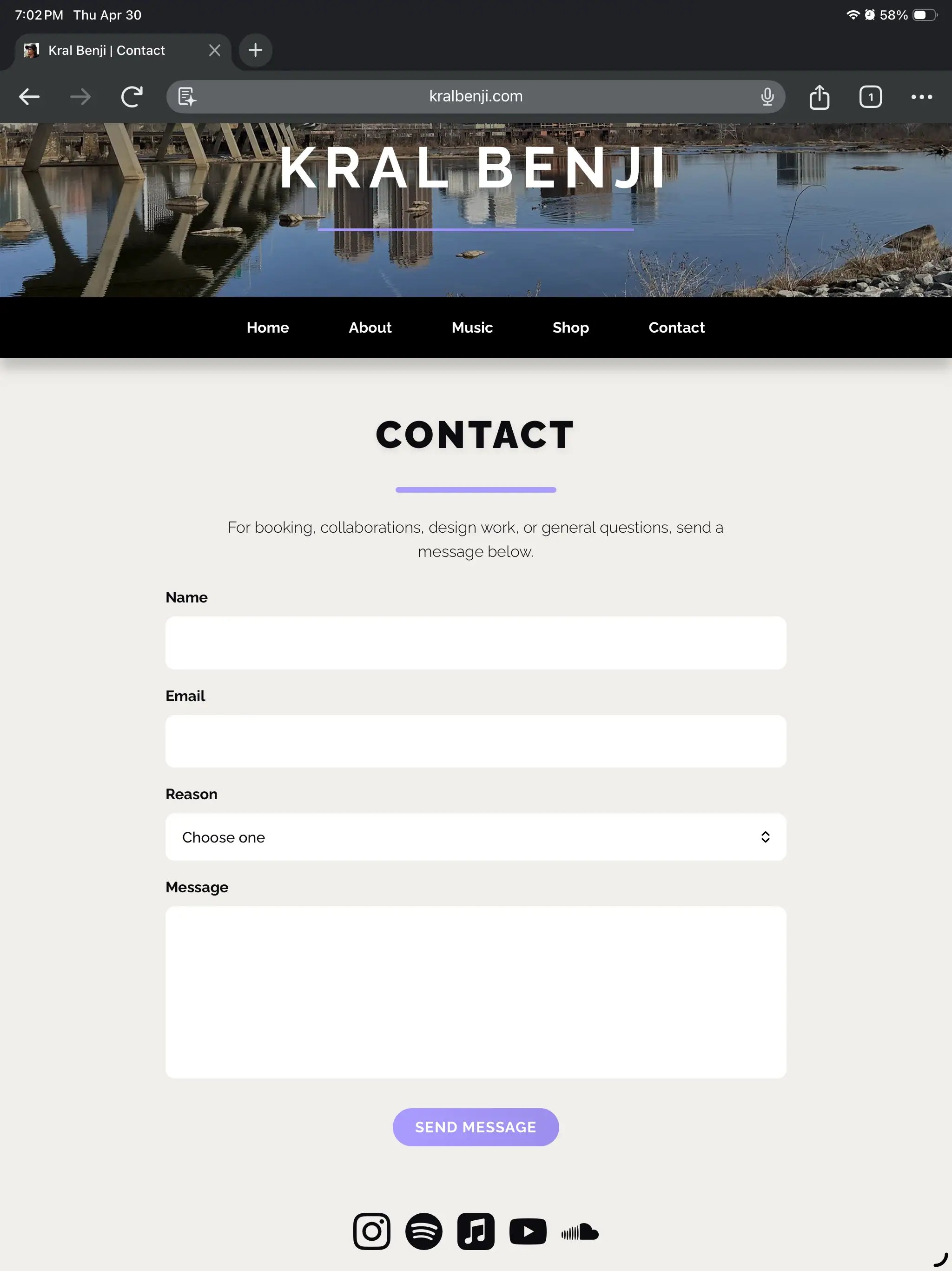 Kral Benji website contact page screenshot