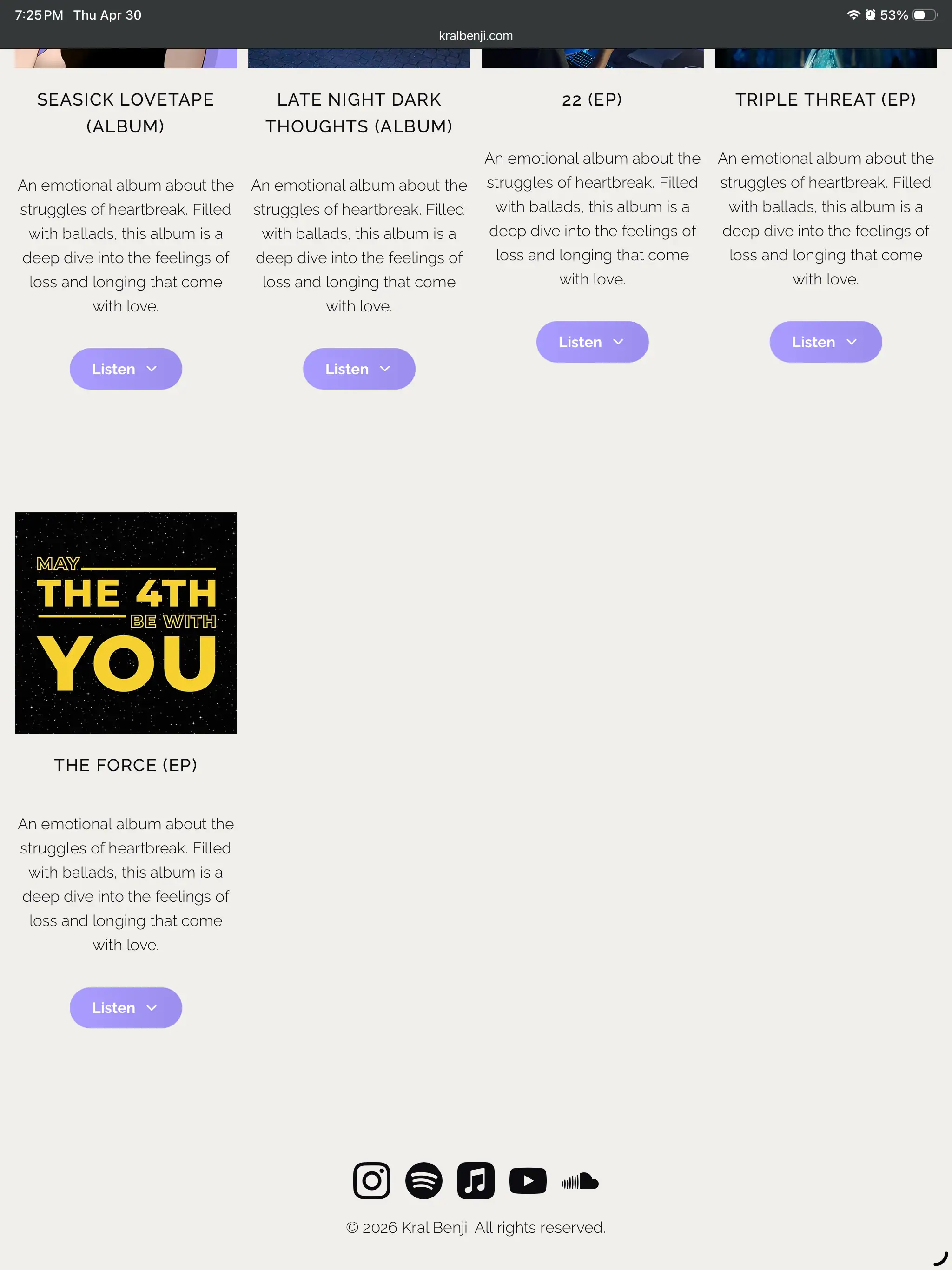 Kral Benji website music page screenshot 4
